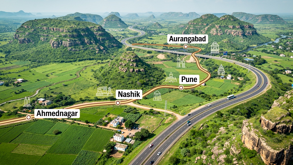 Scenic Maharashtra road trip through the Deccan plateau landscape near Ahilyanagar